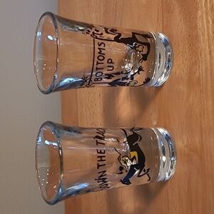 VINTAGE MCM Barware "Down the Track" and "Bottoms Up" Shot Glasses
